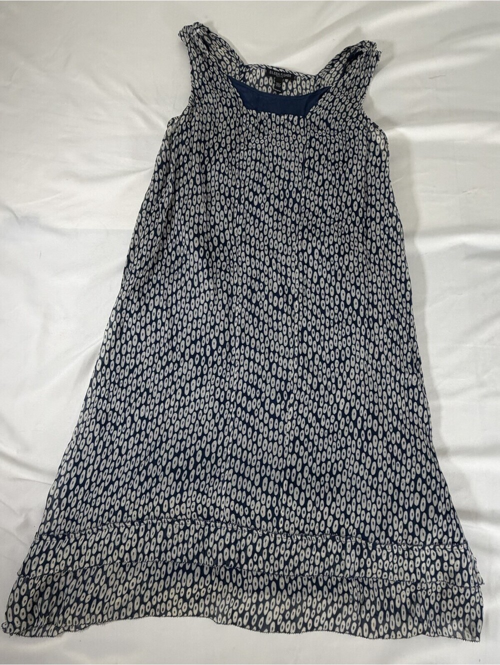 Eileen Fisher Blue White Patterned Sleeveless Shift Dress Size Petite 100% Silk